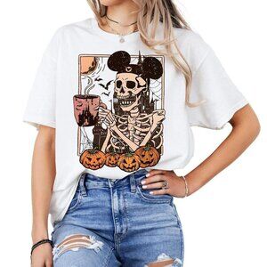 Halloween Disney Mickey Skeleton Coffee Retro Spooky Season Graphic Shirt 91